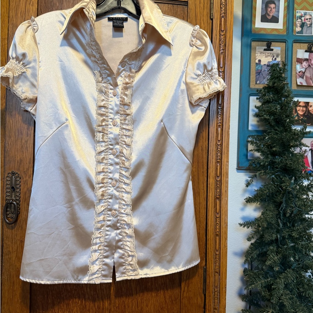 Cream Satin Ruffle Front Puff Sleeve Blouse